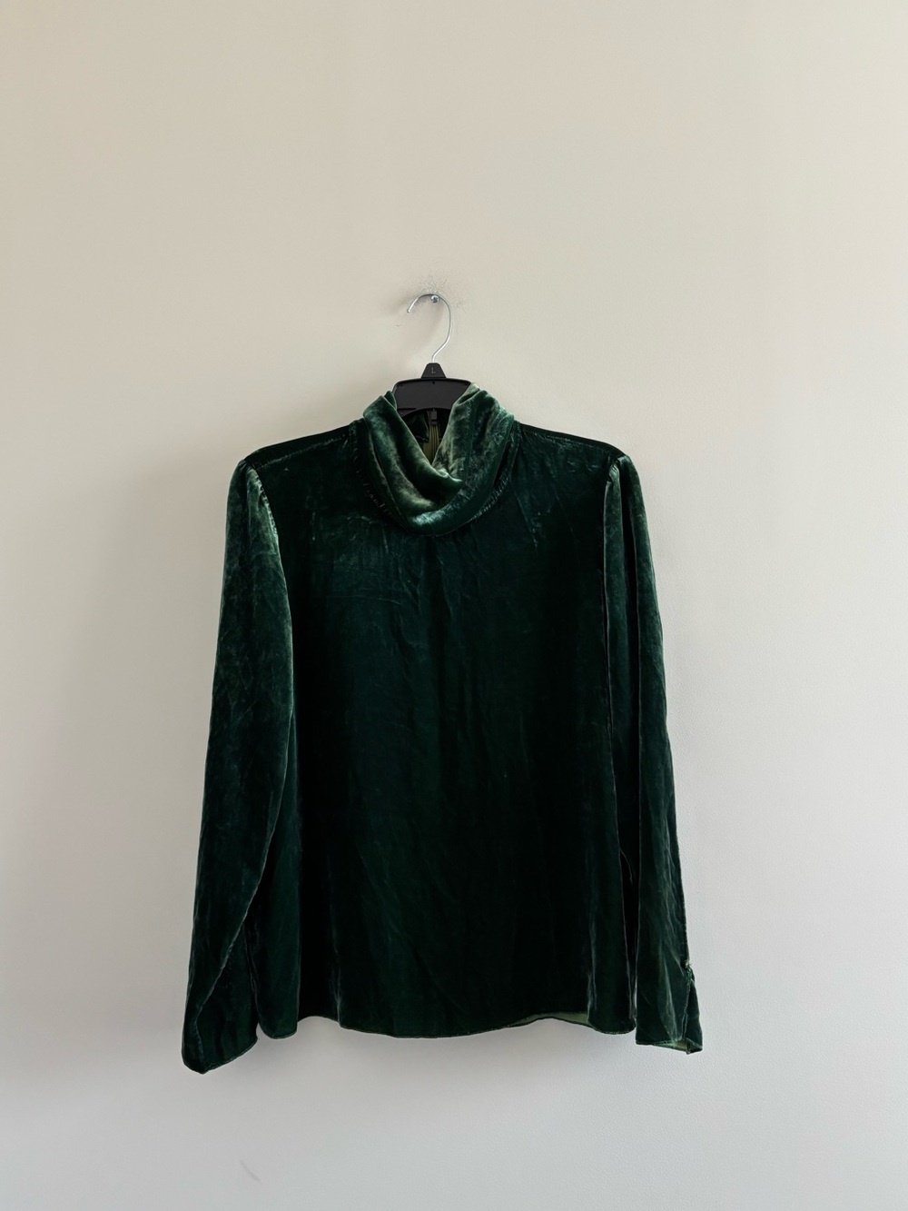 ZARA Top Green Velvet Silk Blend Long Sleeve High Neck Womens M Glam 80s Retro